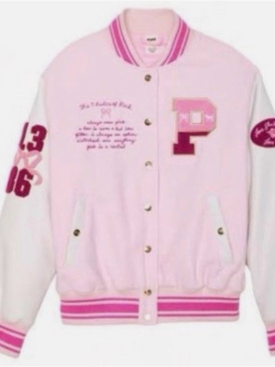 LoveShackFancy Jackets & Blazers - LoveShackFancy Pink and White Varsity Bomber Jacket